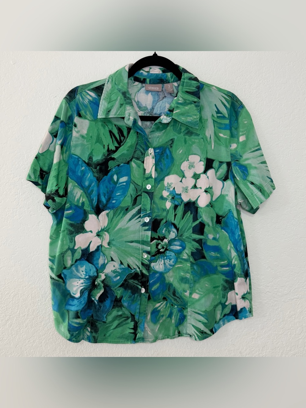 Chico's Blue Green Floral Tropical Short Sleeve Button Up Blouse Top Women’s XL